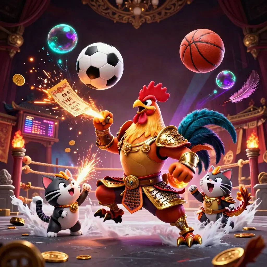 Ayam jago samurai, naga kecil, dan kucing keberuntungan di arena emas berkilau.