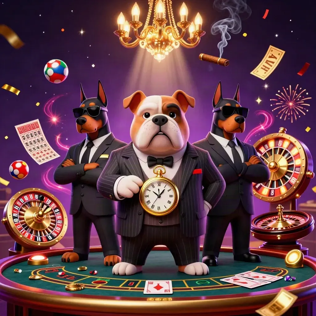 Bulldog mafia kartun dikelilingi dua doberman, dengan roda hadiah dan cahaya kasino mewah.