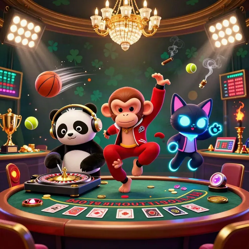 Panda DJ, monyet breakdance, dan anak kucing rave di kasino mewah hijau-emas.