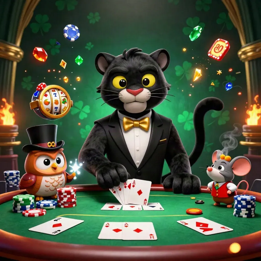 Panther hitam tuxedo, burung hantu, dan tikus di meja poker dengan chip, slot, dan kilau neon.