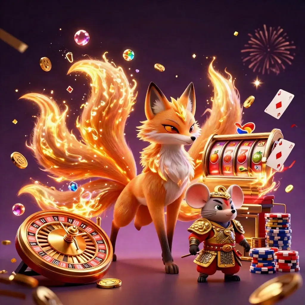 Rubah roh sembilan ekor dan tikus samurai emas dikelilingi koin, permata, kartu, dan roda roulette.