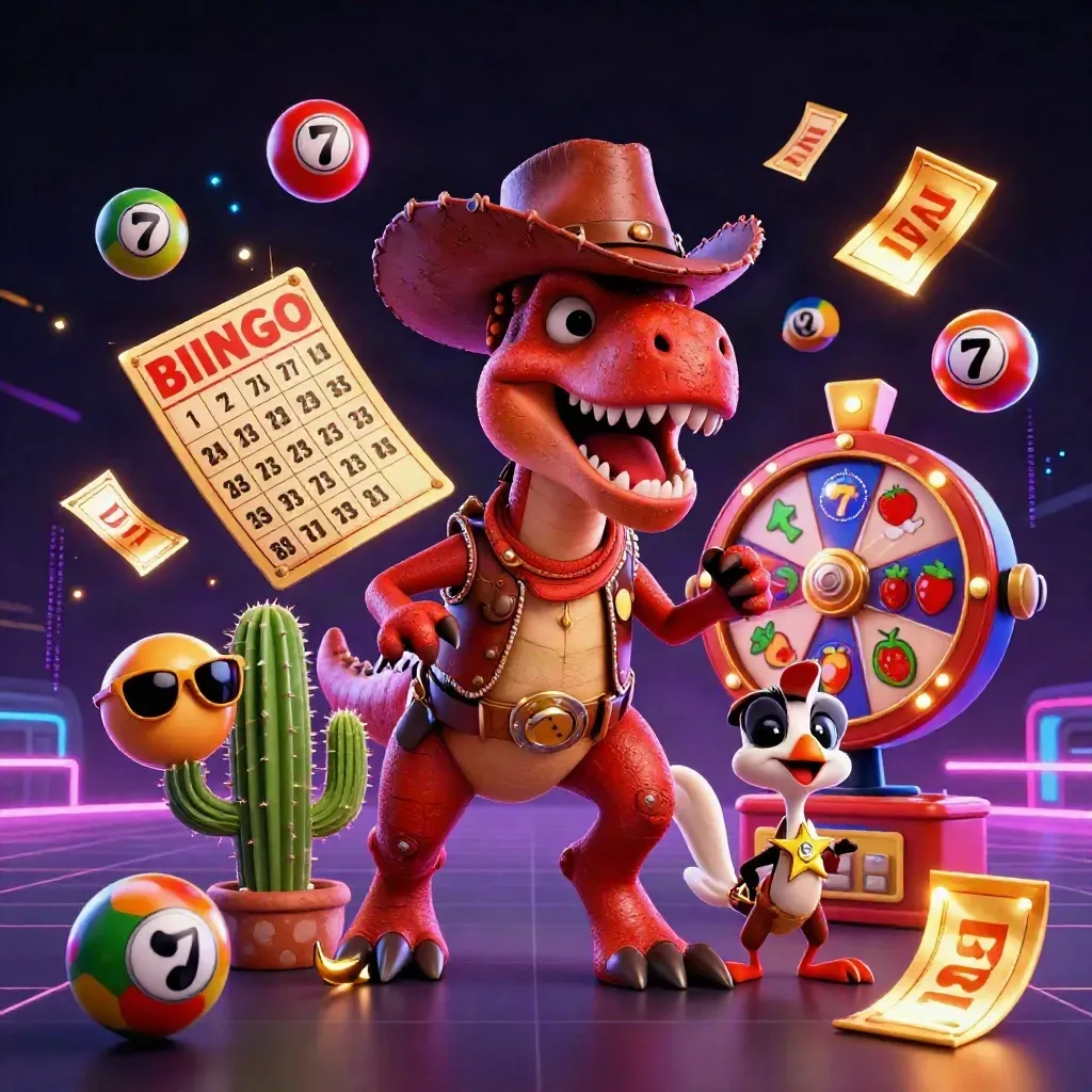 T-Rex koboi, kaktus berkacamata, dan roadrunner sheriff di ledakan neon kasino.