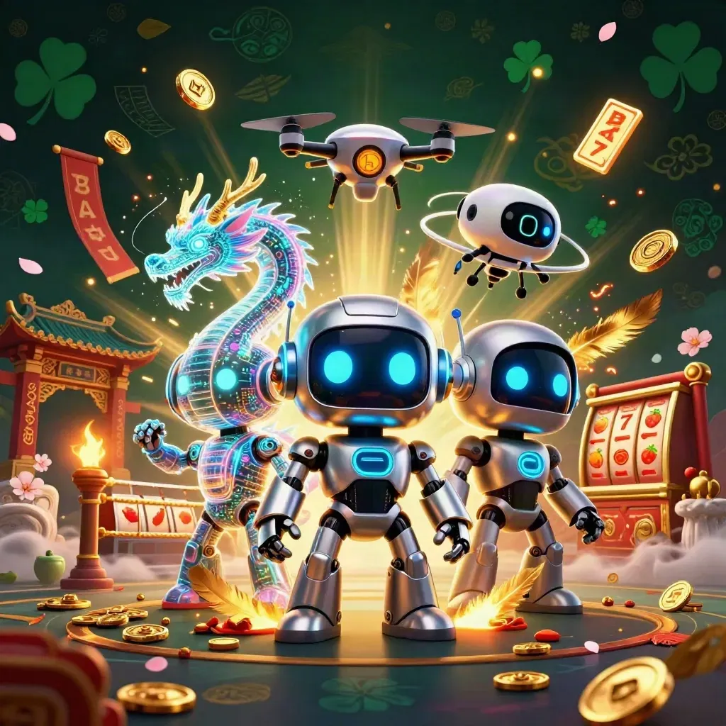 Robot cyberpunk, naga hologram, dan drone koin di arena kuil emas neon.