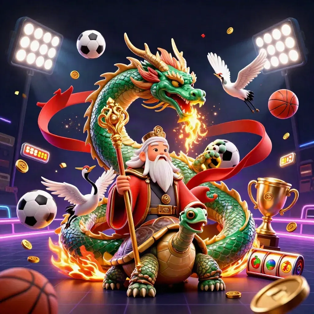Naga hijau, kura bijak, dan bangau di tengah bola, koin, dan kilau emas.