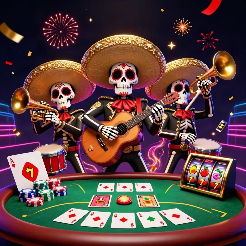 Tiga skeleton mariachi di meja poker, chip dan slot neon di latar gelap.