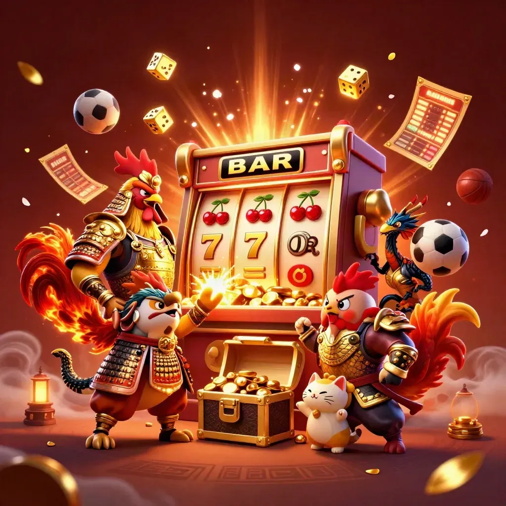 Ayam samurai, naga kecil, dan kucing keberuntungan di slot emas, penuh ledakan neon.