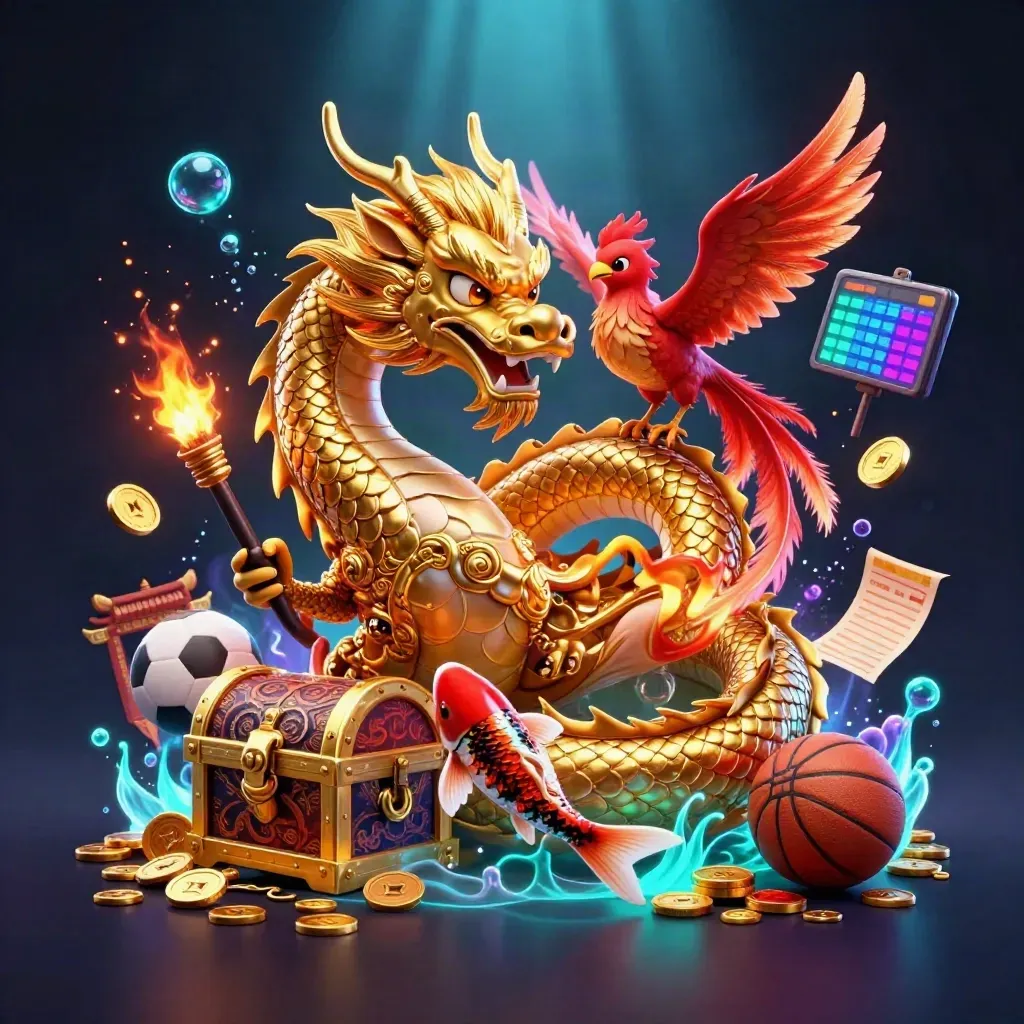 Naga emas melilit peti harta, phoenix, koi, koin, bola, dan sorotan neon biru-emas.