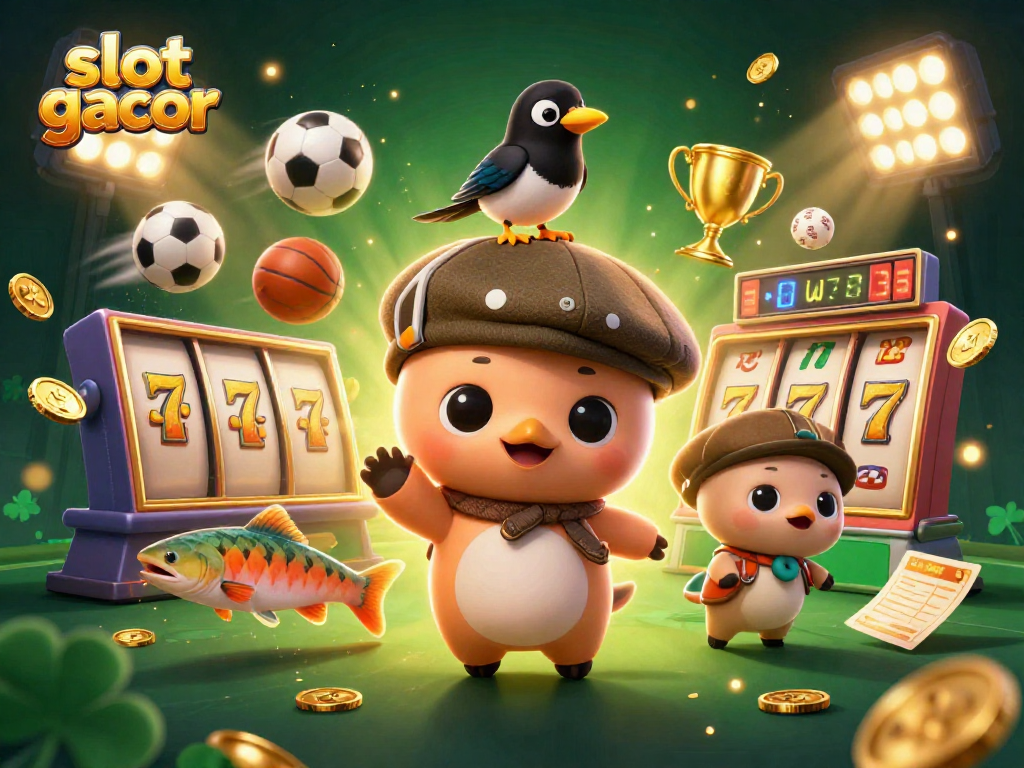 Play exciting slot gacor games with an illustration of Nessie and friends surrounded by dynamic elements.