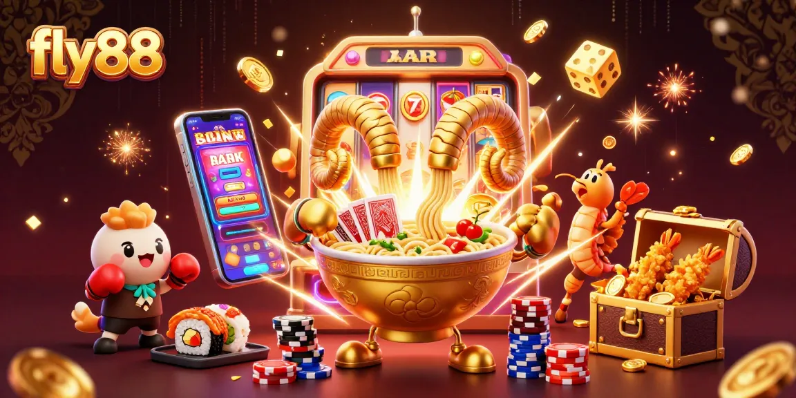 Engaging casino scene with fly88 showcasing a golden ramen bowl dealer, slot machine, and festive elements.