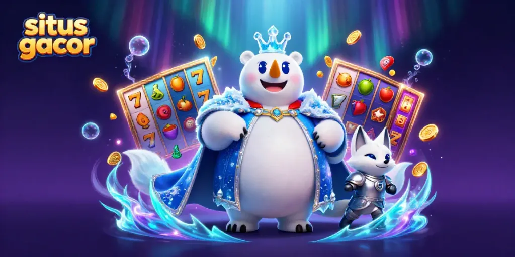 Play exciting games at situs slot gacor with a dynamic scene of cartoon characters and vibrant slot elements.