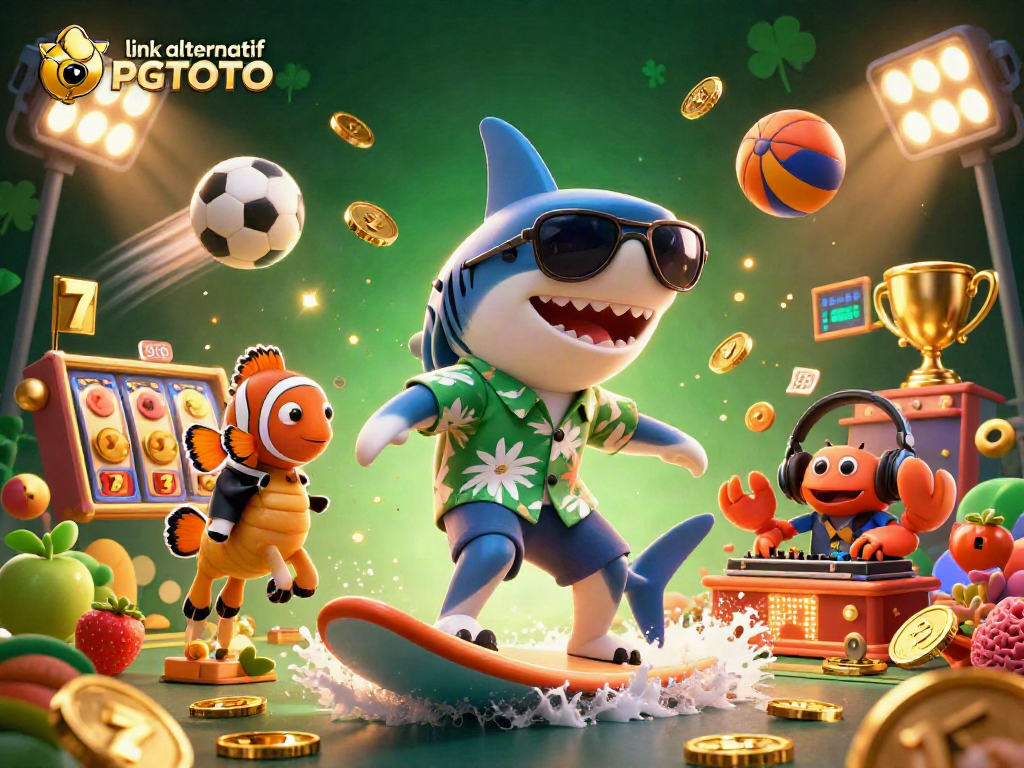 Join the excitement with link alternatif PGTOTO featuring a vibrant 3D illustration of a shark surfing gold coins and casino elements.