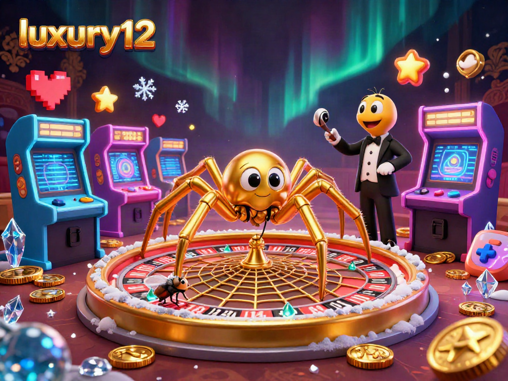 Bet using luxury12 while a golden spider spins a roulette web in a vibrant casino scene.
