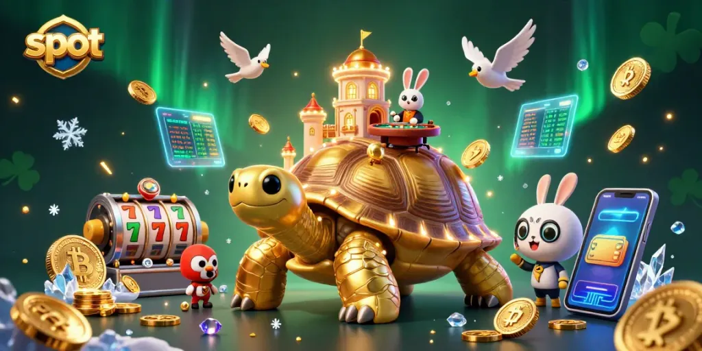 Play exciting slot games at a vibrant casino scene featuring a golden tortoise and animated characters.