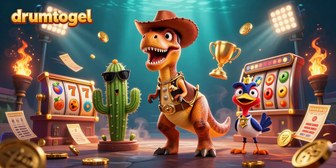 Gambarlah drumtogel dengan dinosaurus cowboy dan elemen permainan menarik untuk para pemain.