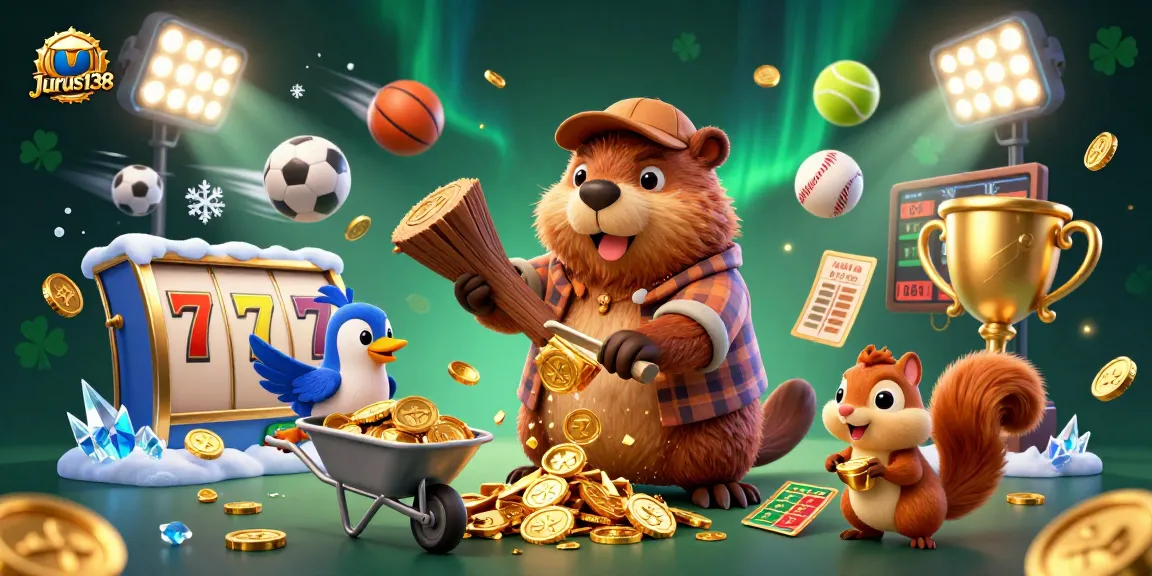 Experience the thrilling games at Jurus138 with a vibrant casino illustration featuring a beaver and friends.