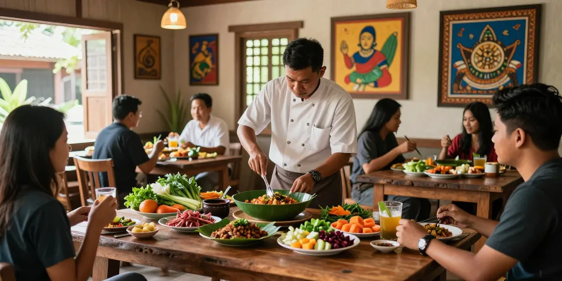 Warung225 menampilkan hidangan tradisional Indonesia dengan koki yang sedang memasak dan pelanggan yang menikmati makanan.