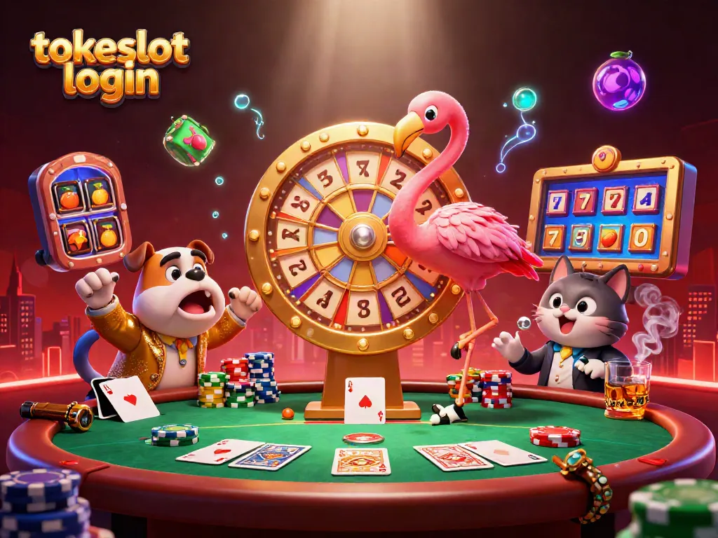 Tokeslot login showcases an engaging gaming scene with a colorful prize wheel and dynamic casino elements