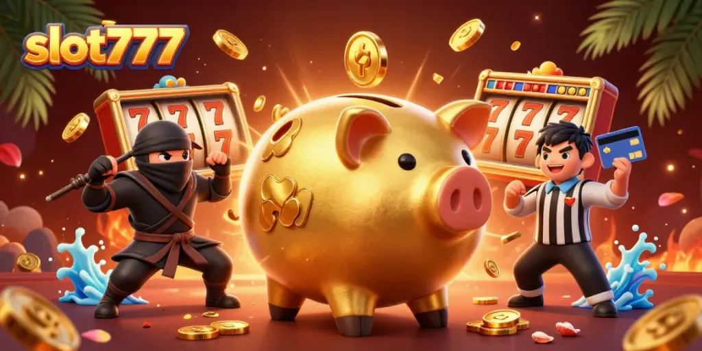 slot777 mendemonstrasikan keberuntungan dengan celengan emas dan suasana kasino yang meriah