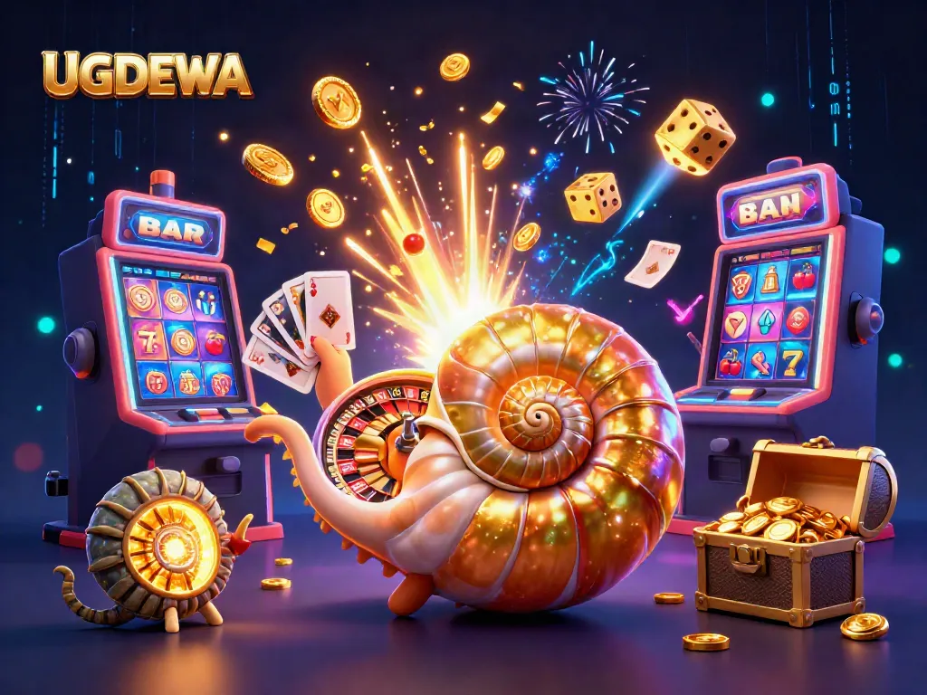 Experience thrilling gameplay at UGDEWA with an exciting scene of a nautilus roulette wheel surrounded by casino elements.
