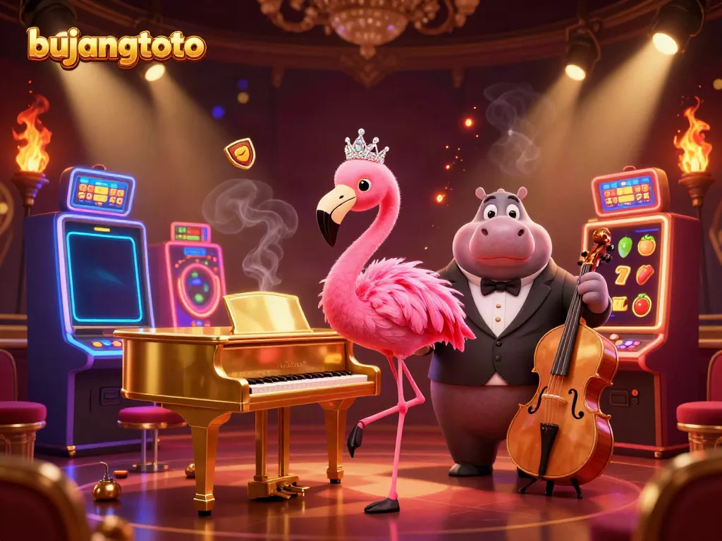 Engage with bujangtoto's vibrant 3D casino scene illustrating slot machines, musical characters, and lively ambience.