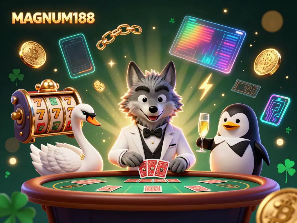 Experience thrilling gaming at MAGNUM188 with vibrant characters and casino elements in a high-stakes environment.