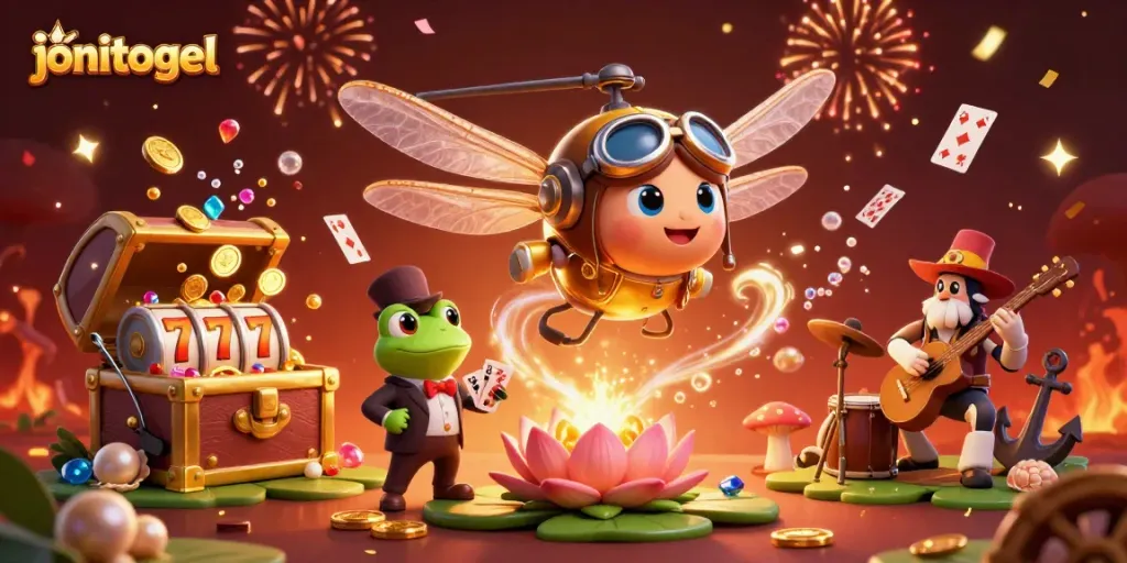 Play slots and win big with jonitogel in this lively, colorful casino-themed digital illustration.