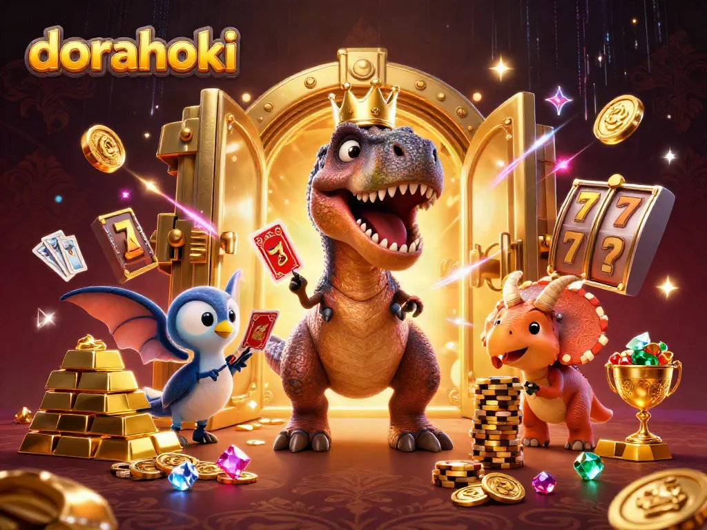 Dorahoki menghadirkan T-Rex lucu dengan kartu, triceratops menumpuk chip emas di kasino yang megah.