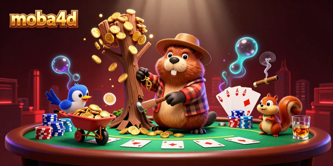 Collecting coins with moba4d as a beaver chops a tree raining gold coins in a vibrant casino scene.