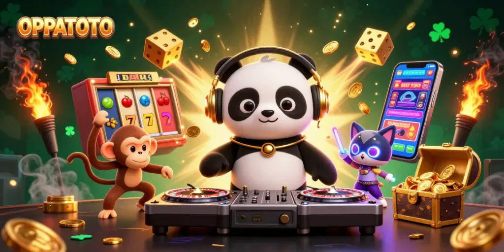Engage with OPPATOTO in a vibrant casino scene featuring a DJ panda, dancing monkey, and rave kitten.