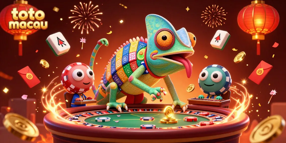 Mengamati permainan kasino di toto macau, chameleon kasino berwarna-warni dengan koin emas melintas dan elemen dekoratif yang kaya.
