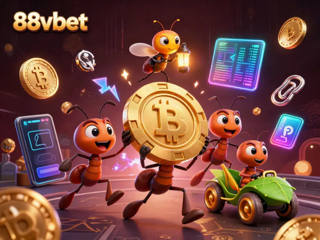 88vbet ants and characters in a dynamic heist scene, showcasing gaming excitement and crypto elements.