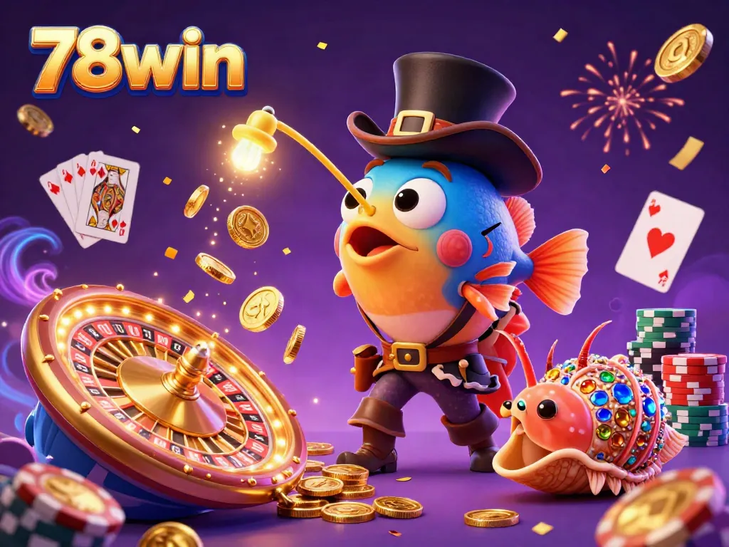 Experience the excitement of 78win with a vibrant 3D casino scene featuring animated characters and casino elements.