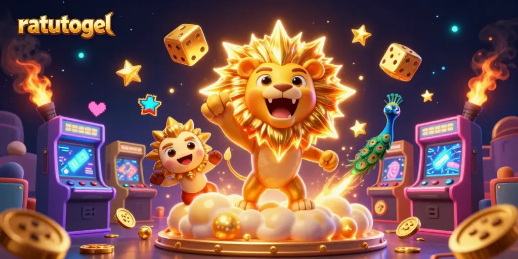 Engage with ratutogel's vibrant gaming scene featuring a roaring lion amidst golden clouds and dynamic gaming elements.