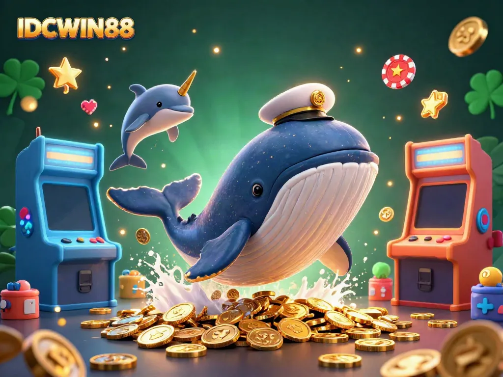Experience thrilling gameplay with IDCWIN88's vibrant casino-themed illustration featuring a cartoon whale and gaming elements.