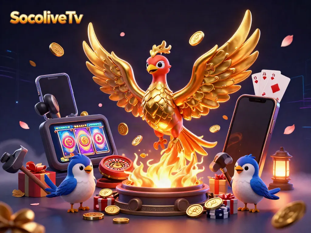Experience SocoliveTv's vibrant gaming scene with golden phoenix and dynamic slot elements flying