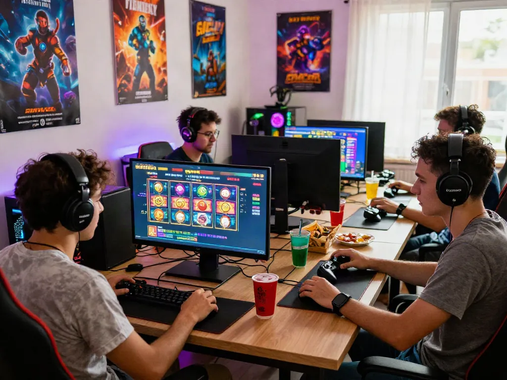 Engaged friends enjoying slot gacor gaming session in a vibrant home setting.