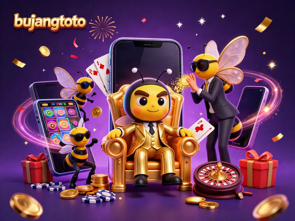 Experience the excitement of bujangtoto with this vibrant 3D illustration featuring a bee mob boss and casino elements.