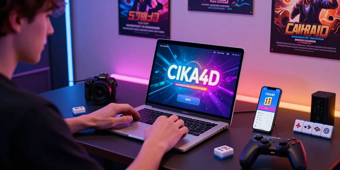 CIKA4D online gaming setup with Mahjong interface on laptop and mobile app access.