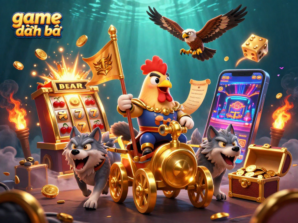 Feeling the thrill of game đánh bài with a 3D rooster warlord amid casino elements, capturing excitement!