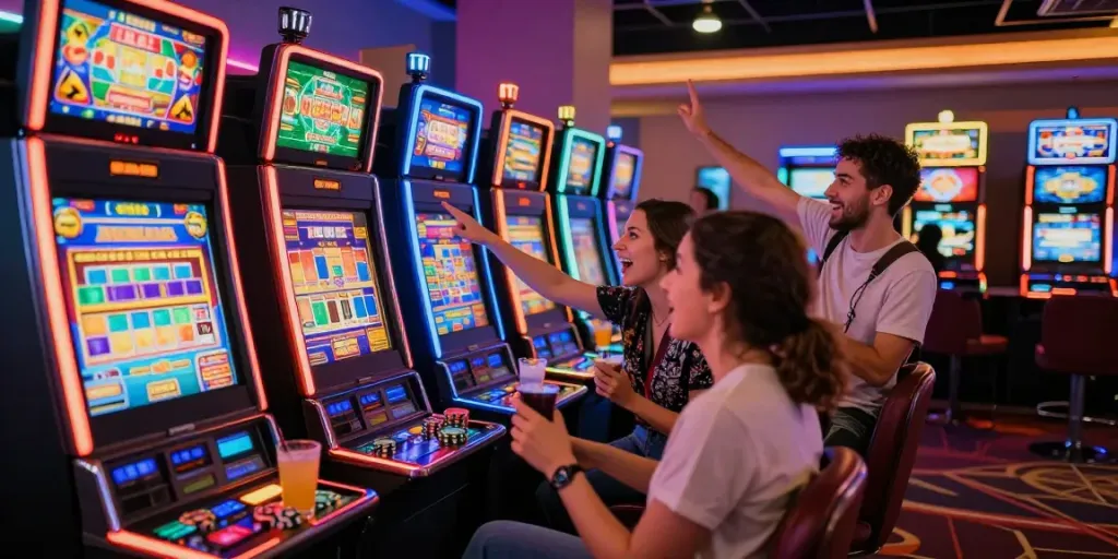 Suasana ceria di kasino dengan slot NAGAHOKI303 yang ramai dan penuh warna.