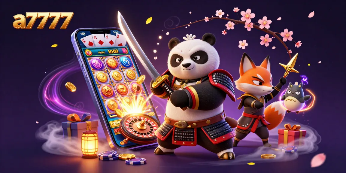 Aksi gaming seru dari a7777 dengan samurai panda, rubah ninja, dan tanuki bercahaya di dunia kasino.