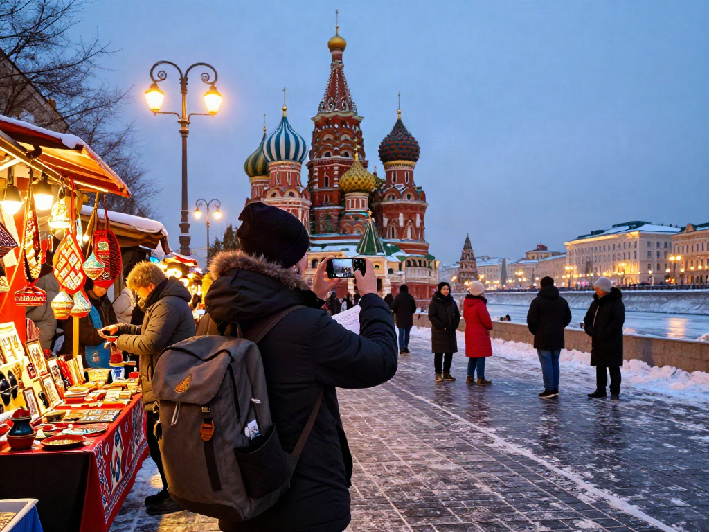 Pengunjung menggunakan https://payinrussia.com/ untuk bertransaksi di Rusia, dengan latar belakang landmark bersejarah dan suasana hangat.