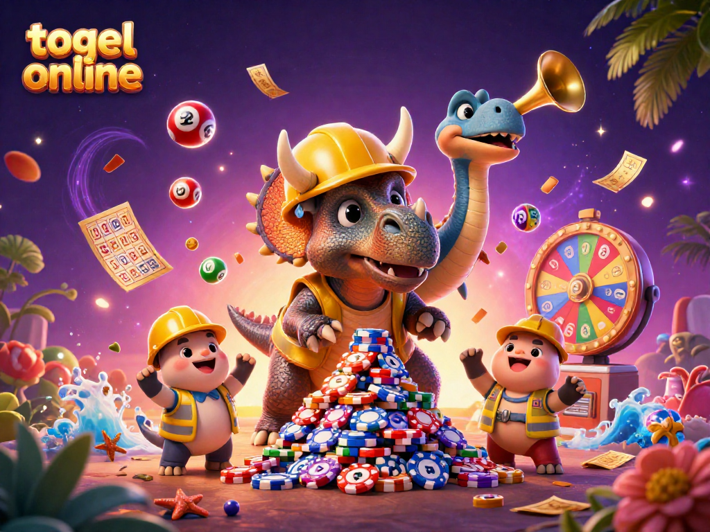 Permainan togel online yang seru dengan suasana pesta, bola lotere berwarna-warni, dan keceriaan karakter 3D.