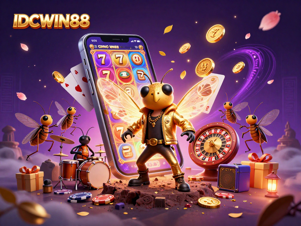 Experience thrilling slots with IDCWIN88 featuring a 3D cicada rock star amidst vibrant casino elements.