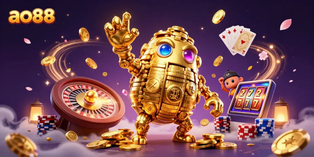 Engage in thrilling gameplay at ao88, featuring a golden golem and vibrant casino elements in action.