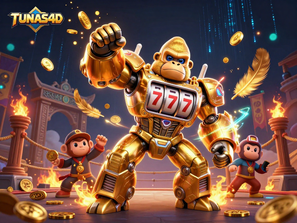 TUNAS4D showcases a golden gorilla mech with slot machine parts, exploding coins, and vibrant casino elements.