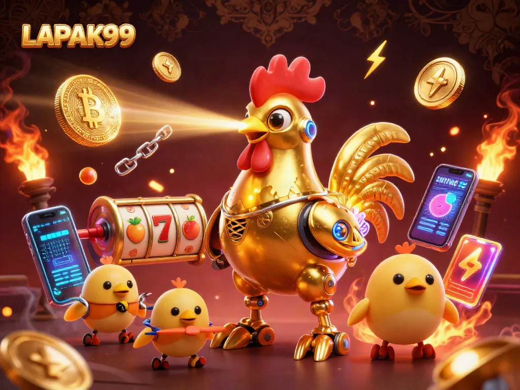 LAPAK99 showcases thrilling slot adventures with a futuristic golden rooster robot amid crypto-themed elements.