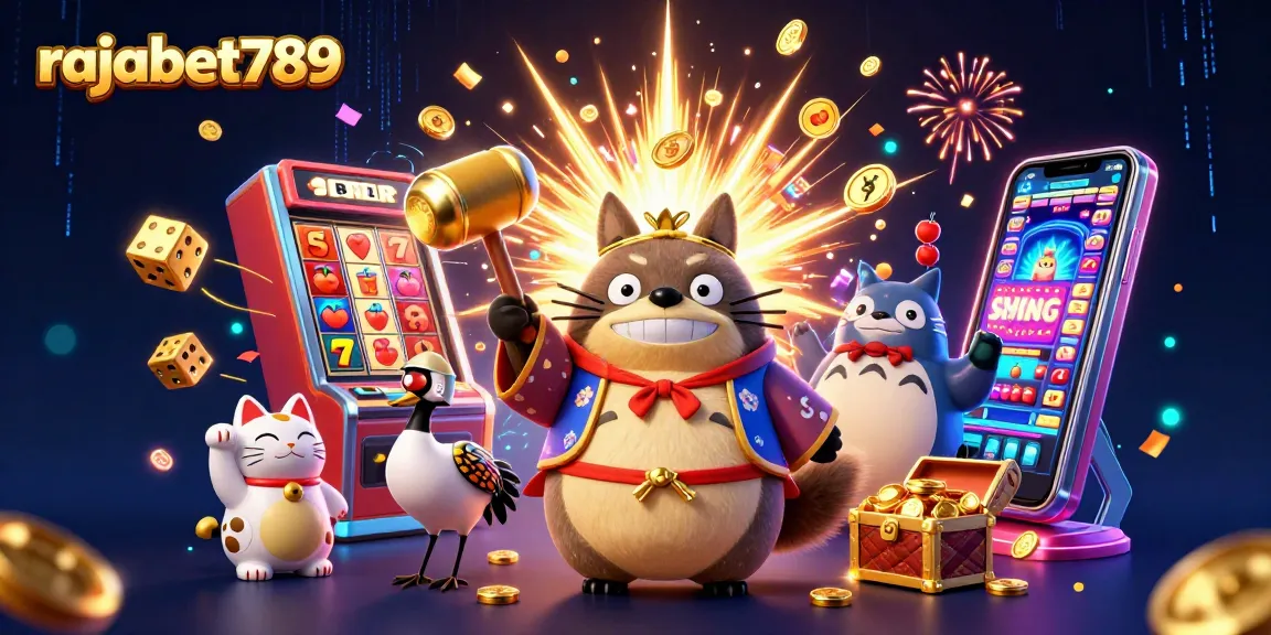 Mainkan rajabet789 dengan tanuki ceria, mesin slot, dan kucing keberuntungan yang meriah.