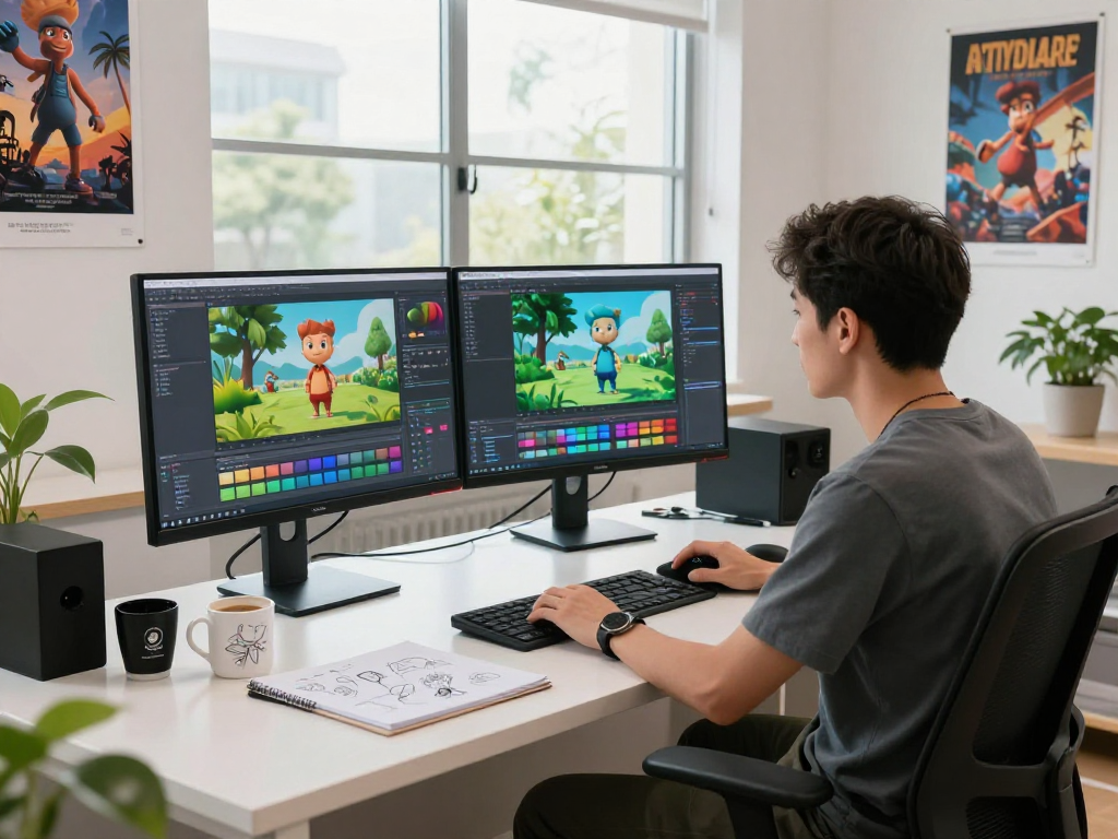 Lingkungan studio animasi profesional dengan seniman martil4d bekerja di depan monitor penuh warna.