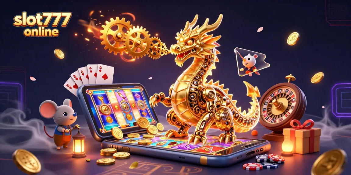 Engage with slot777 online in a vibrant 3D dragon and gaming illustration showcasing golden coins and dynamic casino elements.